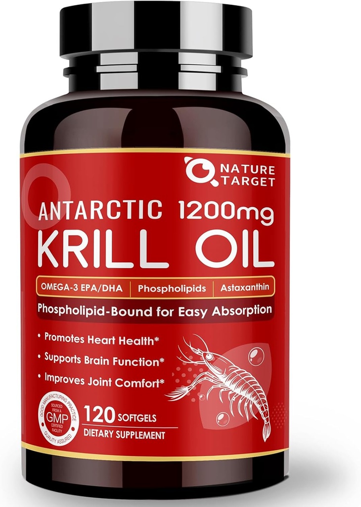 NATURE TARGET Krill Oil 1200mg with Omega-3 EPA & DHA with Astaxanthin, Phospholipids & Choline - Supports Heart, Brain, Join Health, Non-GMO, Gluten Free, 120 Softgels (60 Servings)