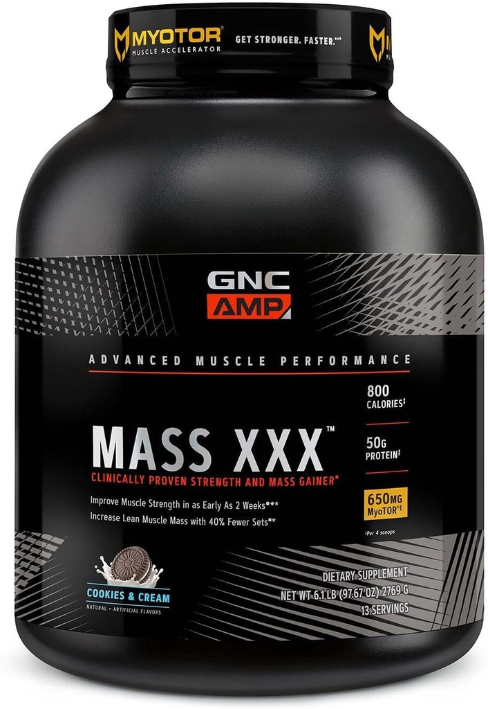 GNC AMP Mass XXX, klinisk bevist vægt Gainer Protein Powder, Forbedrer styrke, størrelse, 780 kalorier, 50g protein, Mikroniserede Aminosyrer, Kreatin, betain, Cookies & Cream, 13 Servere, 6 SVG