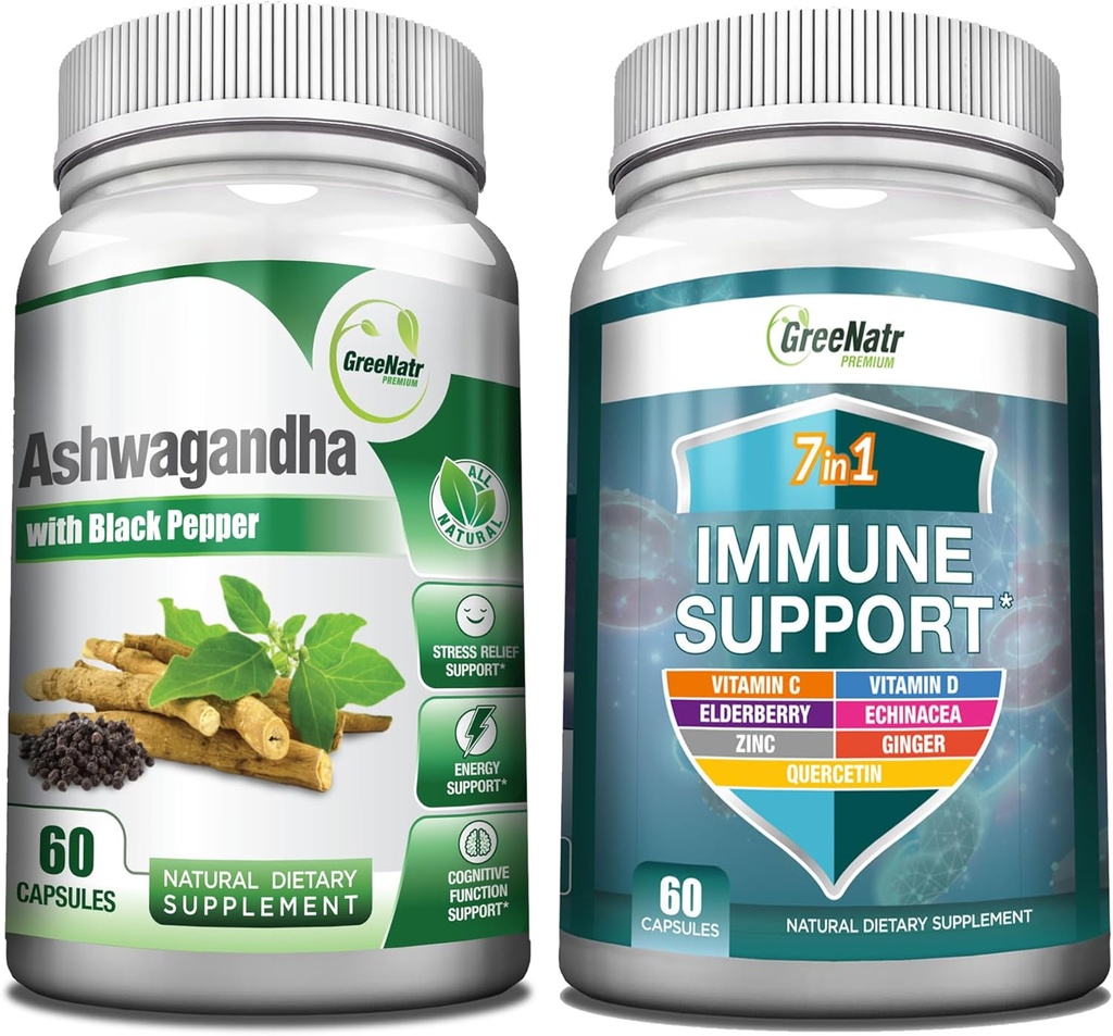 GreeNatr 7- in-1 immunsupporttillæg med vitamin C, vitamin D3, Zink 50mg, Quercetin, Kombineret med Organic Ashwagandha kapsler, der indeholder sort peber til forbedret absorption