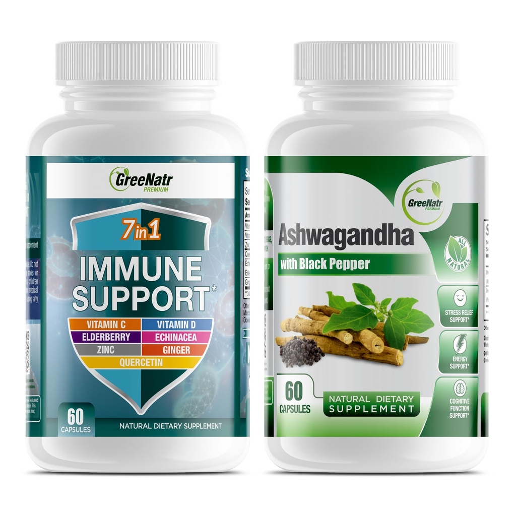 GreeNatr 7- in-1 immunsupporttillæg med vitamin C, vitamin D3, Zink 50mg, Quercetin, Kombineret med Organic Ashwagandha kapsler, der indeholder sort peber til forbedret absorption