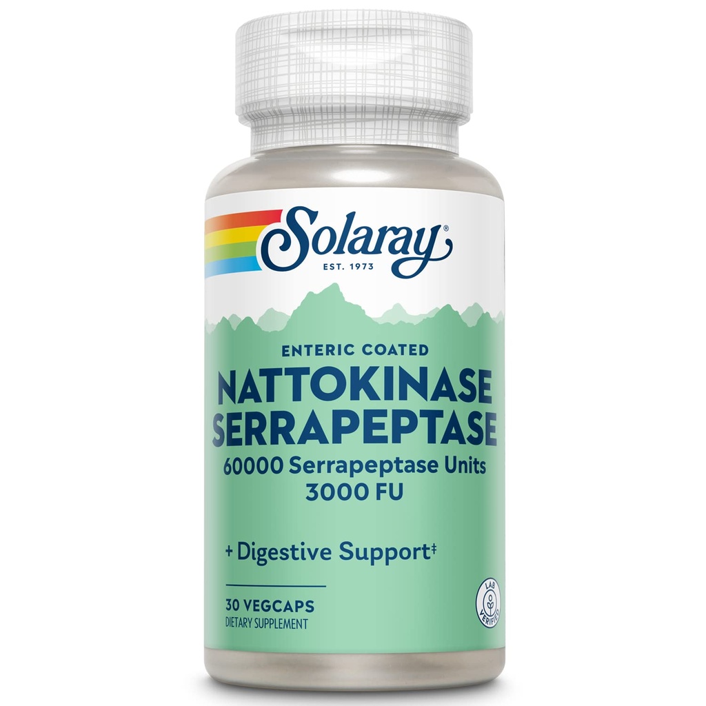 SOLARAY Natokinase Serrapeptase Supplement - Enteric Coated - 3000 FU Natokinase Supplement - cirkulering, Kardiovaskulær, Sinus Support - Lab Verified, 60- Day Garanti - 30 Servere, 30 VegCaps