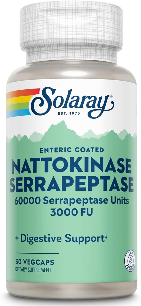 SOLARAY Natokinase Serrapeptase Supplement - Enteric Coated - 3000 FU Natokinase Supplement - cirkulering, Kardiovaskulær, Sinus Support - Lab Verified, 60- Day Garanti - 30 Servere, 30 VegCaps