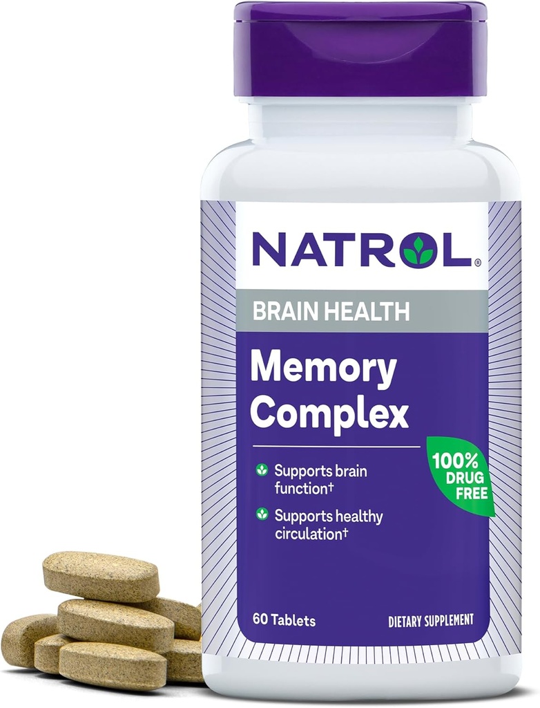 Natrol Memory Complex med Ginkgo Biloba 120mg og B vitaminer, Kosttilskud til hjerne sundhed og hukommelse, 60 tabletter, 30 dages forsyning