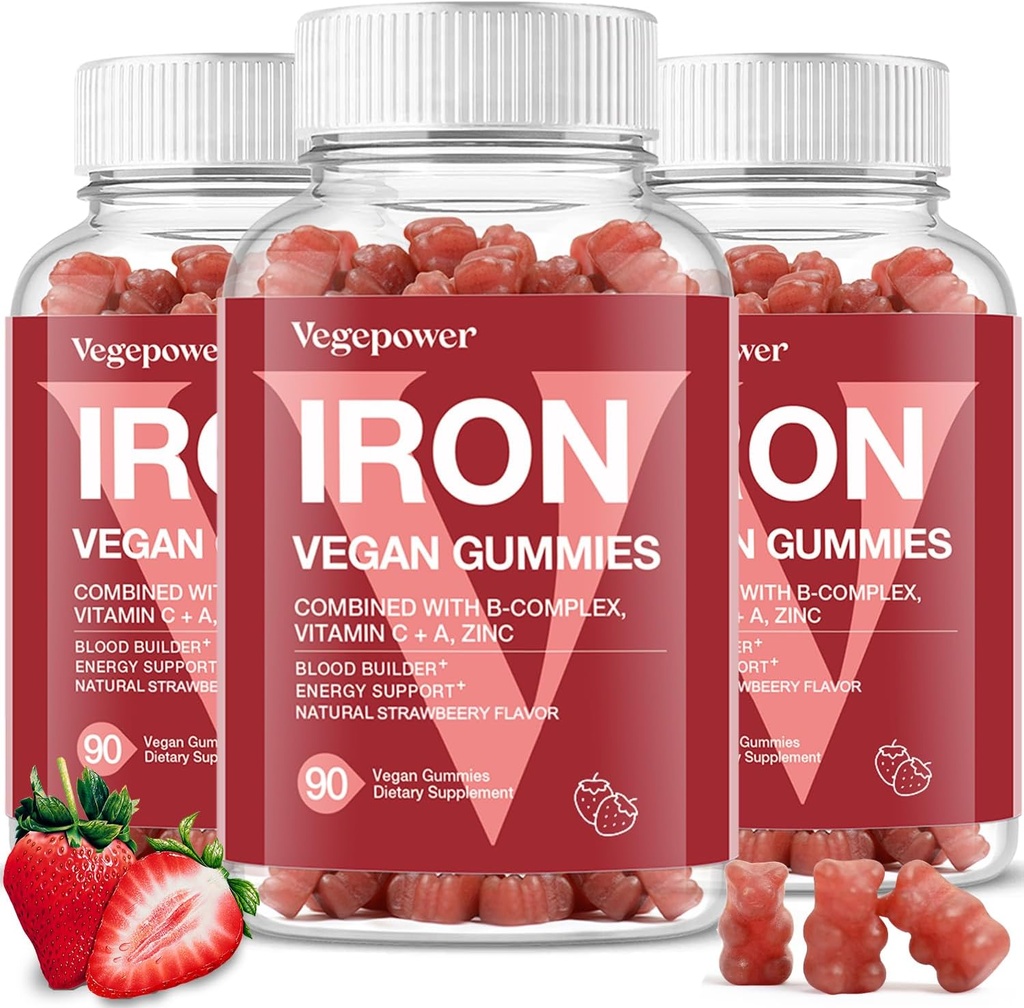 Iron Gummies Kosttilskud til børn og kvinder - Multivitamin med jern til blod sund, store smagfulde vitaminer Gummy med C-vitamin til Max Absorption - Jordbær (3 pakker)