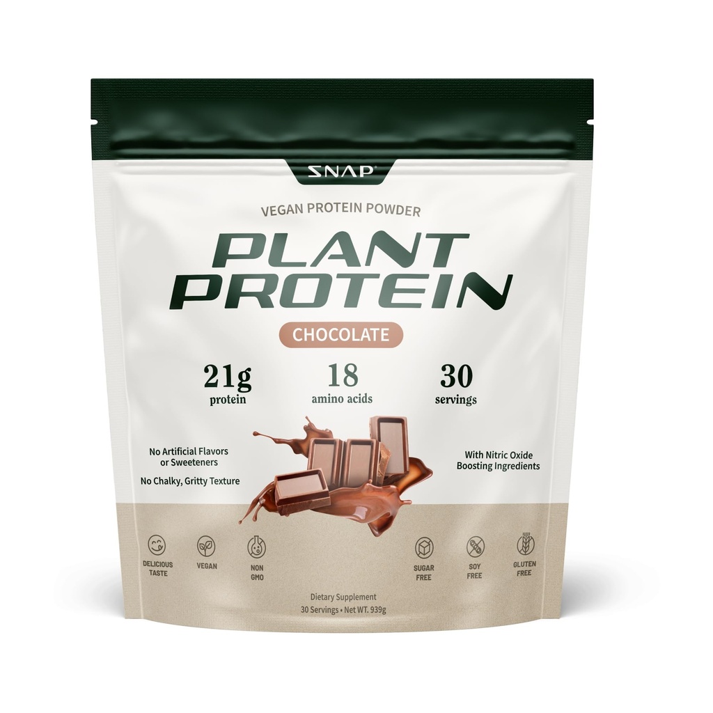 Snap Kosttilskud Organisk Plant baseret Vegan Protein Powder Nitrogenoxid Boosting Protein Powder, BCAA Aminosyre til muskelvækst, ydeevne og inddrivelse - 30 Servere (chokolade)