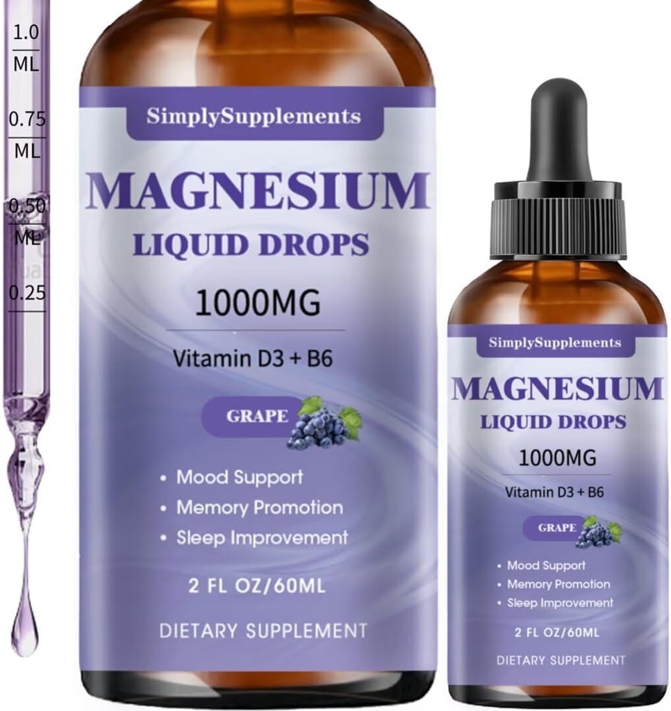 Triple Magnesium Complex Liquid Drops, 1000 mg Magnesium Glycinate Drops, Taurat & Citrate med L-theanin, D3- vitamin & B6 til støtte for søvn og muskel, Calm Magnesium, Grape Flavor, 2 Fl OZ