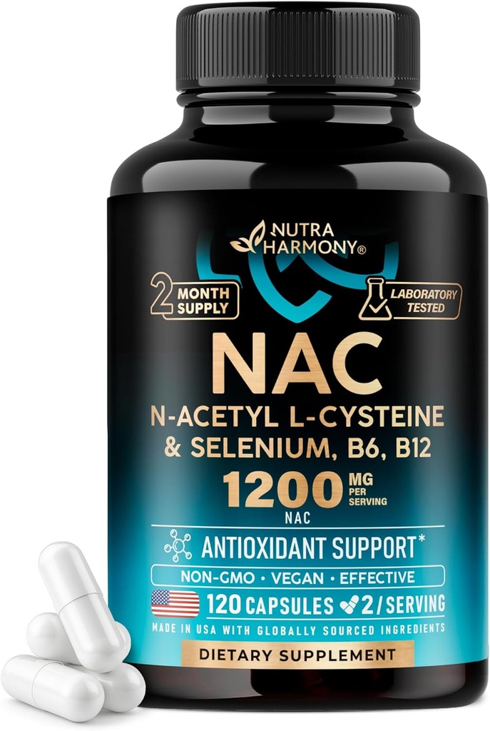 NAC Supplement: 124; Selen; B6; 124; B12 - Antioxidant, immunforsvar - N Acetyl Cysteine 600 mg pr. kapsel, 1200 mg pr. servering - Made in USA - Non- GMO, Gluten- Free, Vegan - 120 caps, 2 Months Supply