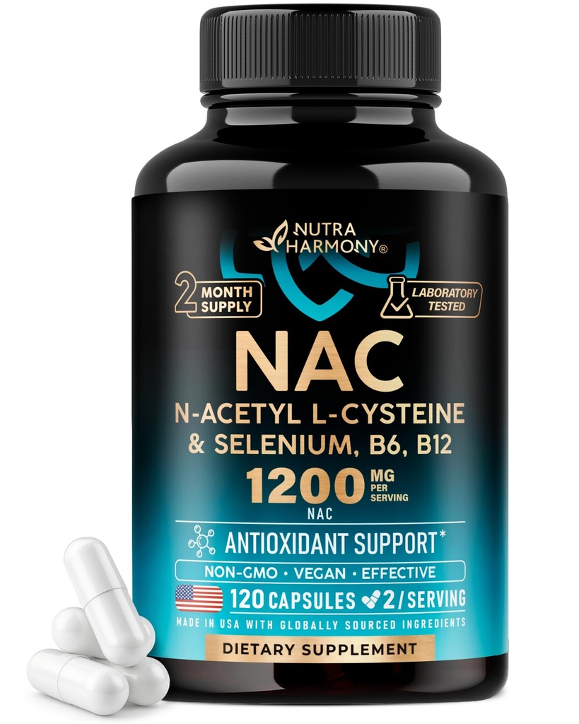 NAC Supplement: 124; Selen; B6; 124; B12 - Antioxidant, immunforsvar - N Acetyl Cysteine 600 mg pr. kapsel, 1200 mg pr. servering - Made in USA - Non- GMO, Gluten- Free, Vegan - 120 caps, 2 Months Supply