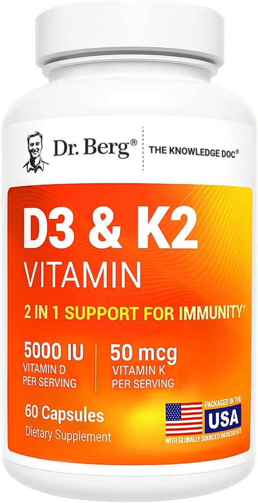 Dr. Berg Maximum Strength 2-in-1 Vitamin D3 K2 5000 IU | Naturally Derived D3 | 4X Lab-Tested & Verified | High Absorption Formula | K2 D3 Vitamin Supplement - 60 Capsules