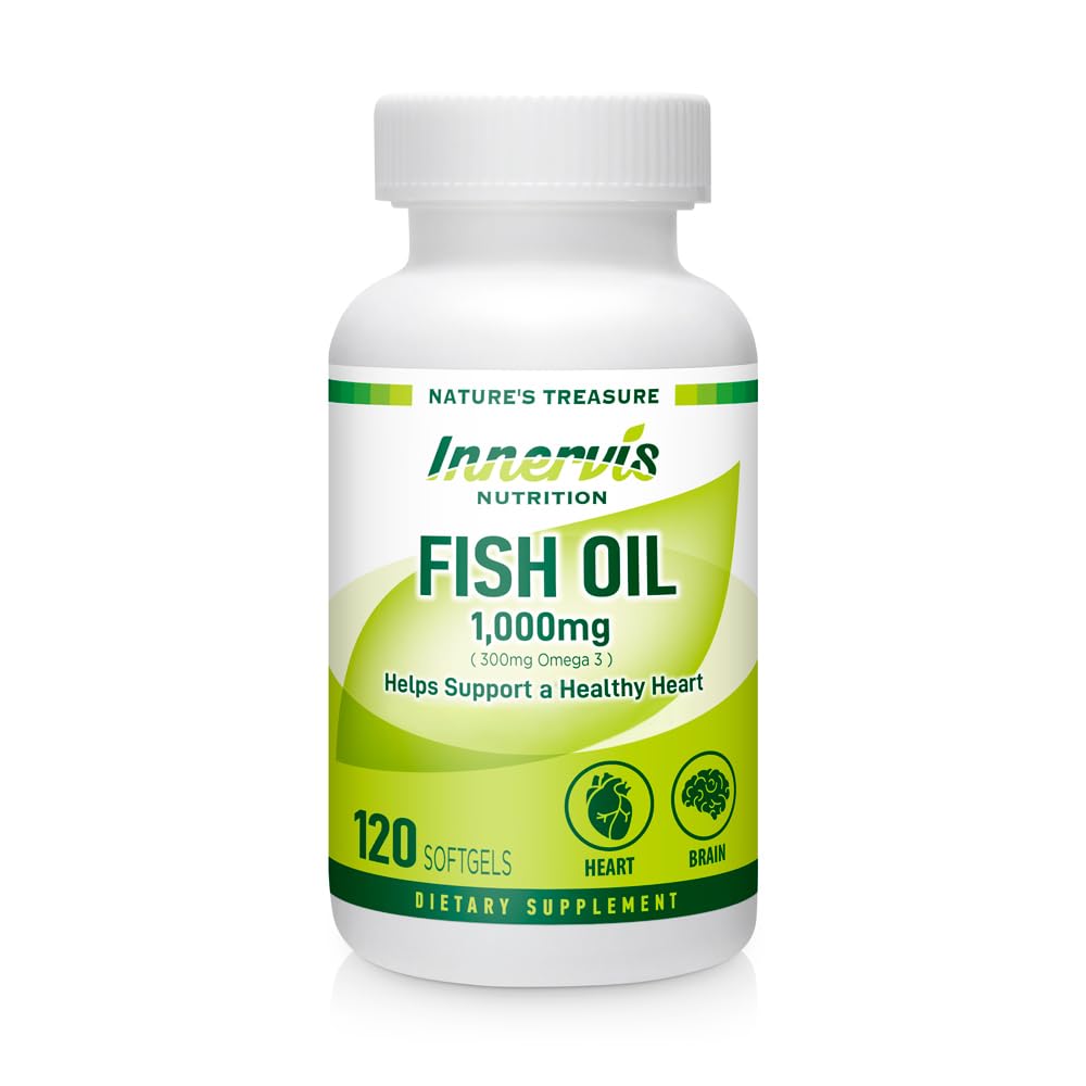 Fish Oil 1000mg - Heart, Brain & Eye Support med Omega-3 EPA & DHA, 120 Softgels, Non- GROMLE 124; Innervis Nutrition