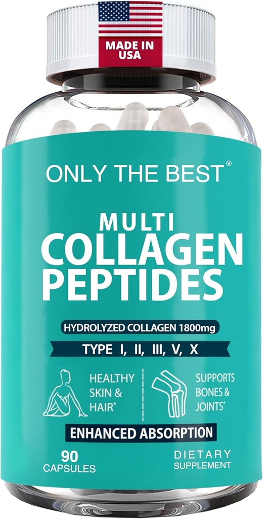 Premium Multi Collagen Peptider Kapsler 1800mg - Type I, II, III, V, X til støtte hud, hår, negle - Hjælper knogler, joints, muskler, og fordøjelsessygdomme * Hydrolyseret collagen supplement 90 Kapsler