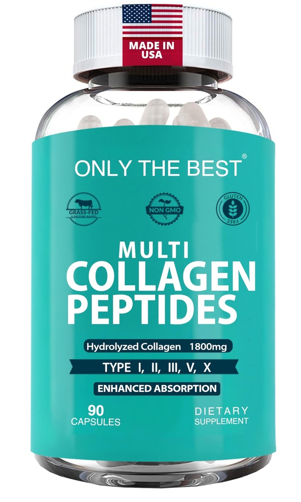 Premium Multi Collagen Peptider Kapsler 1800mg - Type I, II, III, V, X til støtte hud, hår, negle - Hjælper knogler, joints, muskler, og fordøjelsessygdomme * Hydrolyseret collagen supplement 90 Kapsler