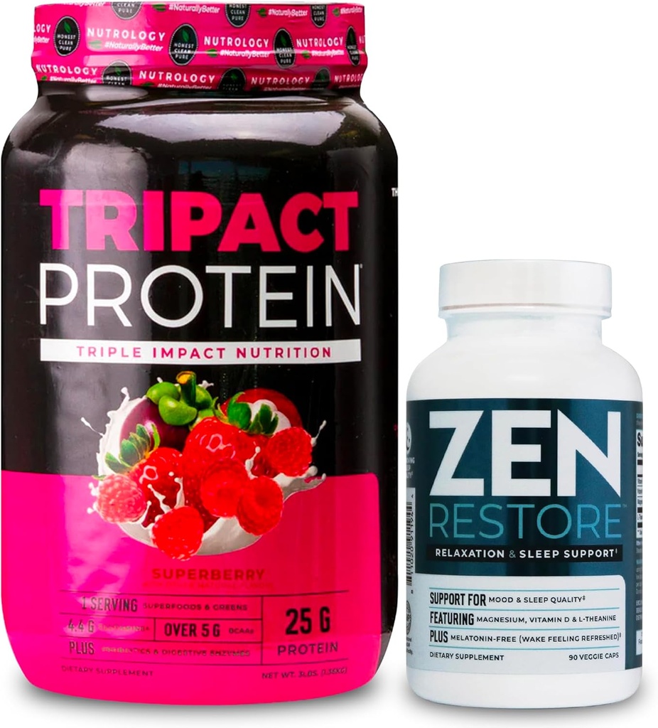 Nutrologi TRIPACT Protein Powder, 7- in-1 Meal udskiftning Shake, Superberry (40 Servere) Zen Natural Magnesium Supplement (30 Servere)