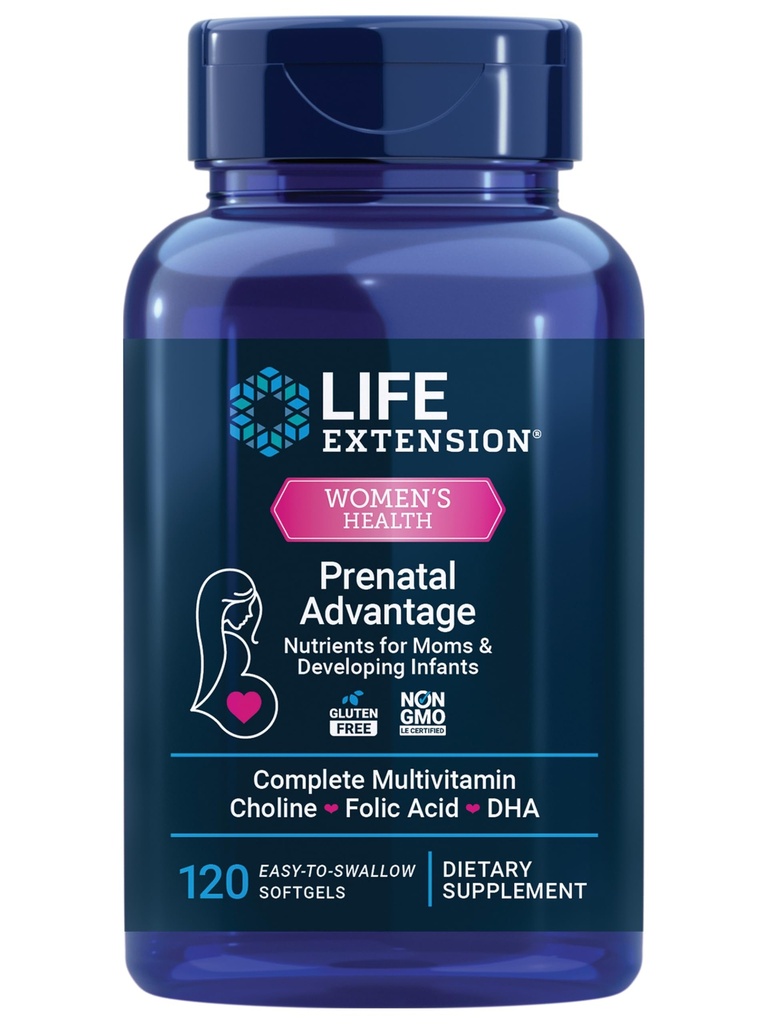 Life Extension Prenatal Advantage, kvinders multivitamin, Baby Support, folinsyre, cholin, omega- 3s, C-vitamin, D3, B1, B6, B12, zink, niacin, gluten fri, ikke-GMO, 120 softgels
