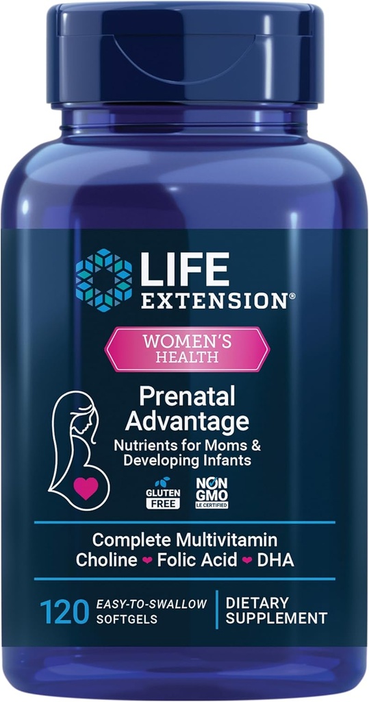 Life Extension Prenatal Advantage, kvinders multivitamin, Baby Support, folinsyre, cholin, omega- 3s, C-vitamin, D3, B1, B6, B12, zink, niacin, gluten fri, ikke-GMO, 120 softgels