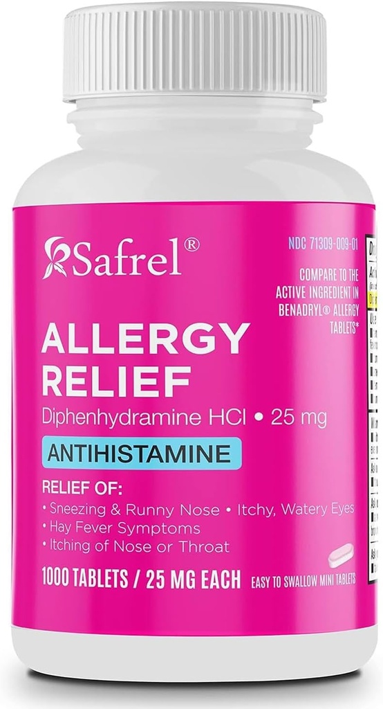 Safrel Allergy Relief Medication Diphenhydramine HCl Caplets 25 mg (1000 Count), Antihistamine Relieves Sneezing, Runny Nose, Hay Fever, Itchy Eyes and Throat, Seasonal Indoor & Outdoor Allergy Pills