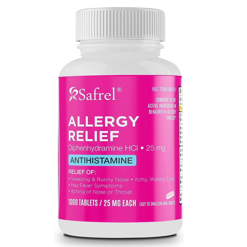 Safrel Allergy Relief Medicin Diphenhydramin HCl Caplets 25 mg (1000 Tæl), Antihistamin Relieves Nysen, Runny Næse, Hay Fever, Itchy Eyes and Hals, Sæsonbestemt Indendørs & Udendørs Allergi piller