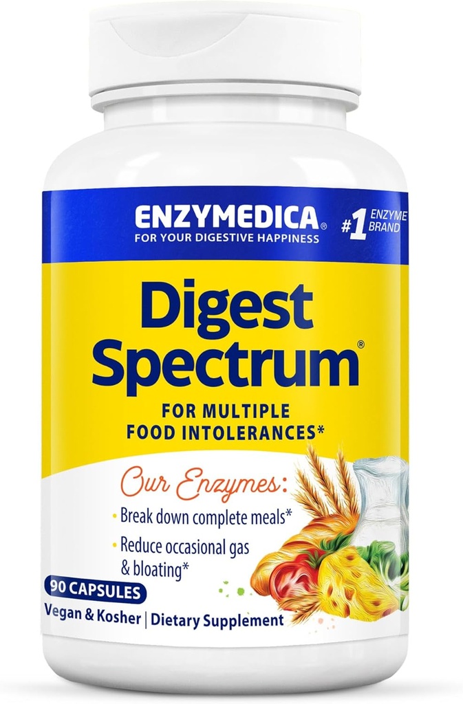 Enzymedica Digest Spectrum, Avancerede fordøjelsesenzymer for kvinder og mænd, Understøtter fordøjelse og flere fødevaretolerancer, Fast- Fungerende Formel for gas og Bloating Relief, 90 Kapsler FFP