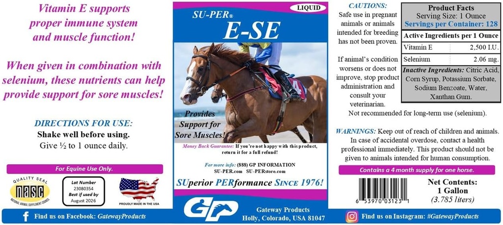 SU- PER E- Se Heste Antioxidant Supplement - Vitamin E & Selenium til Sore Muskler Support - 1 Gallon, 4 Måned Supply (120 dage)