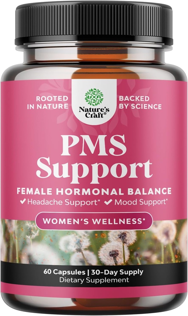 PMS Support Supplement for Women – Hormone Balance for Women & Menstrual Discomfort with DIM, Chasteberry, Black Cohosh & Ashwagandha - for Period Cramps Ease, Menopause Bloating, Mood Swing – 60 Ct