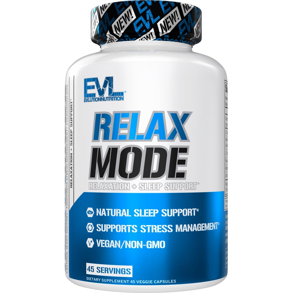 Evolution Nutrition relaxMode - Natural Sleep Support - med L- Theanine, Valerian Root Extract & Mere - Vegan & Non- GMO - Kosttilskud - 45 Servere - 45 Veggie kapsler
