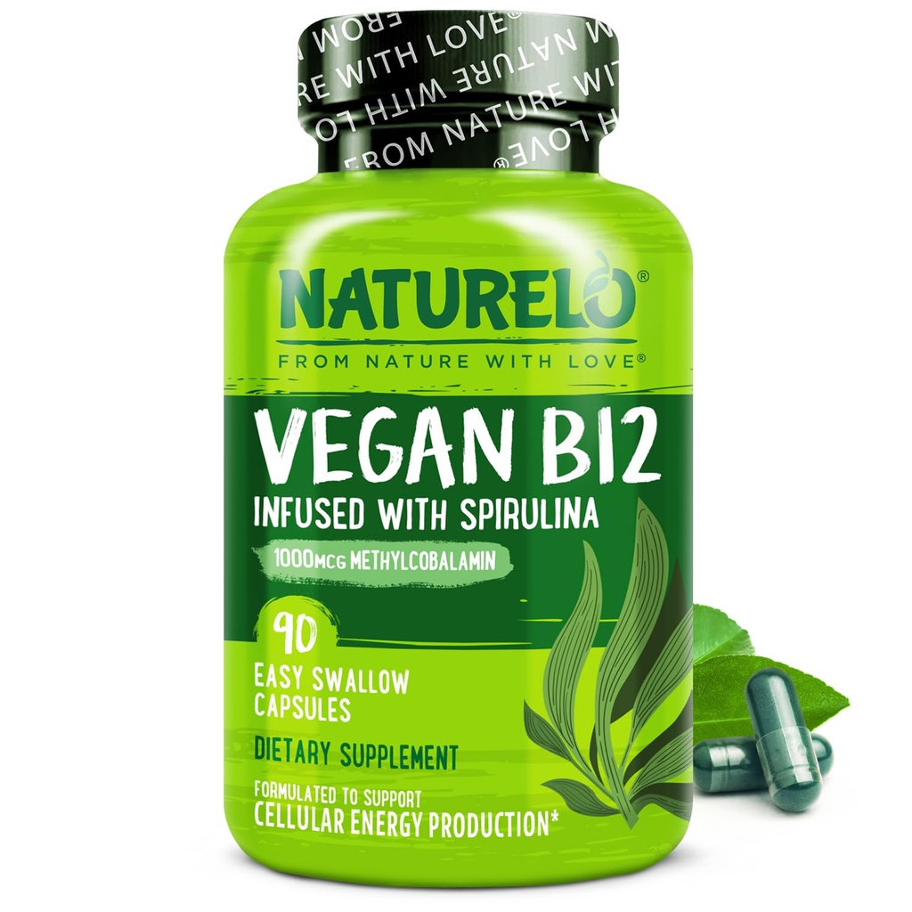 NATURELO Vegan B12 - Methyl B12 med Organic Spirulina - Højpotens Vitamin B12 1000 mcg Methylcobalamin - Understøtter sund mad, energi, hjerte og øje sundhed - 90 kapsler