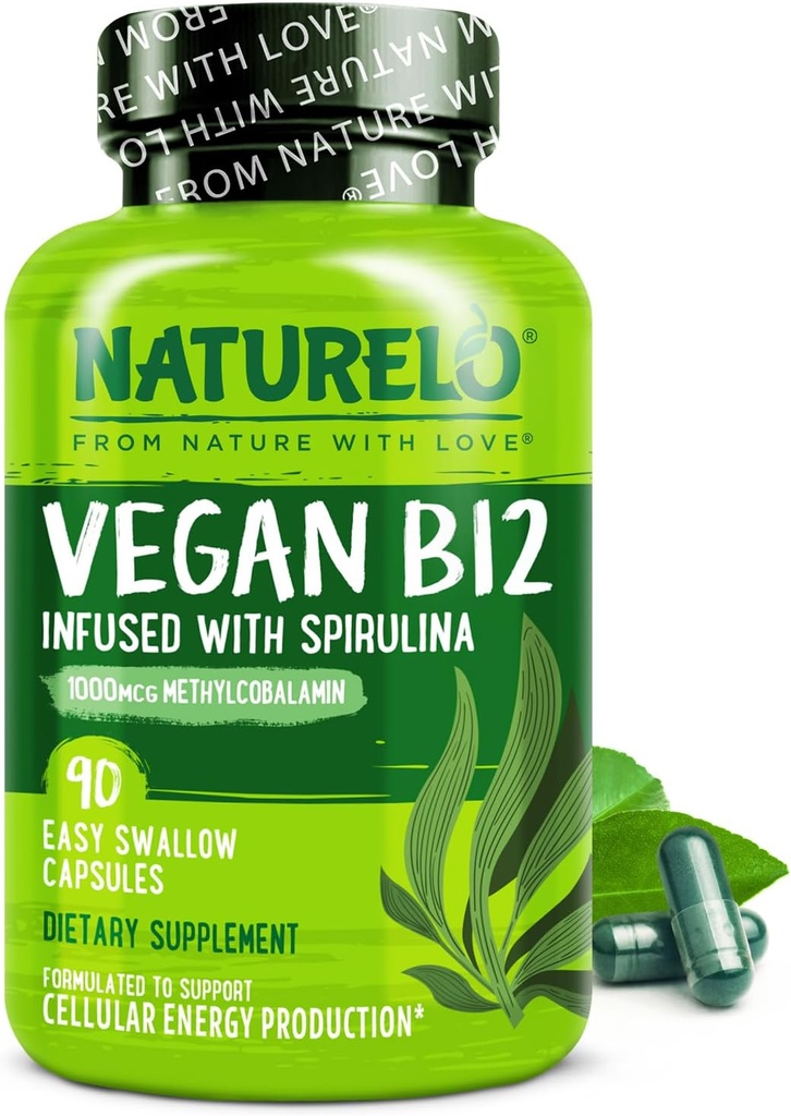 NATURELO Vegan B12 - Methyl B12 med Organic Spirulina - Højpotens Vitamin B12 1000 mcg Methylcobalamin - Understøtter sund mad, energi, hjerte og øje sundhed - 90 kapsler