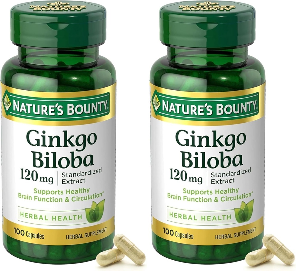 Nature 's Bounty Ginkgo Biloba Standardized Extract 120 mg, Herbal Flasker, Capsule, 100 Greve, Pack of 2