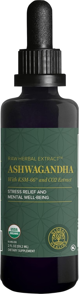 Global Healing Center - Organic Ashwagandha Kosttilskud Drops - KSM- 66 Ashwagandha Ekstra styrke til mænd og kvinder, Hjælper Promote Relief fra Stress, Mood Support, Organic (2 Fl Oz)
