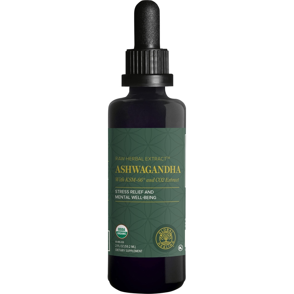 Global Healing Center - Organic Ashwagandha Kosttilskud Drops - KSM- 66 Ashwagandha Ekstra styrke til mænd og kvinder, Hjælper Promote Relief fra Stress, Mood Support, Organic (2 Fl Oz)