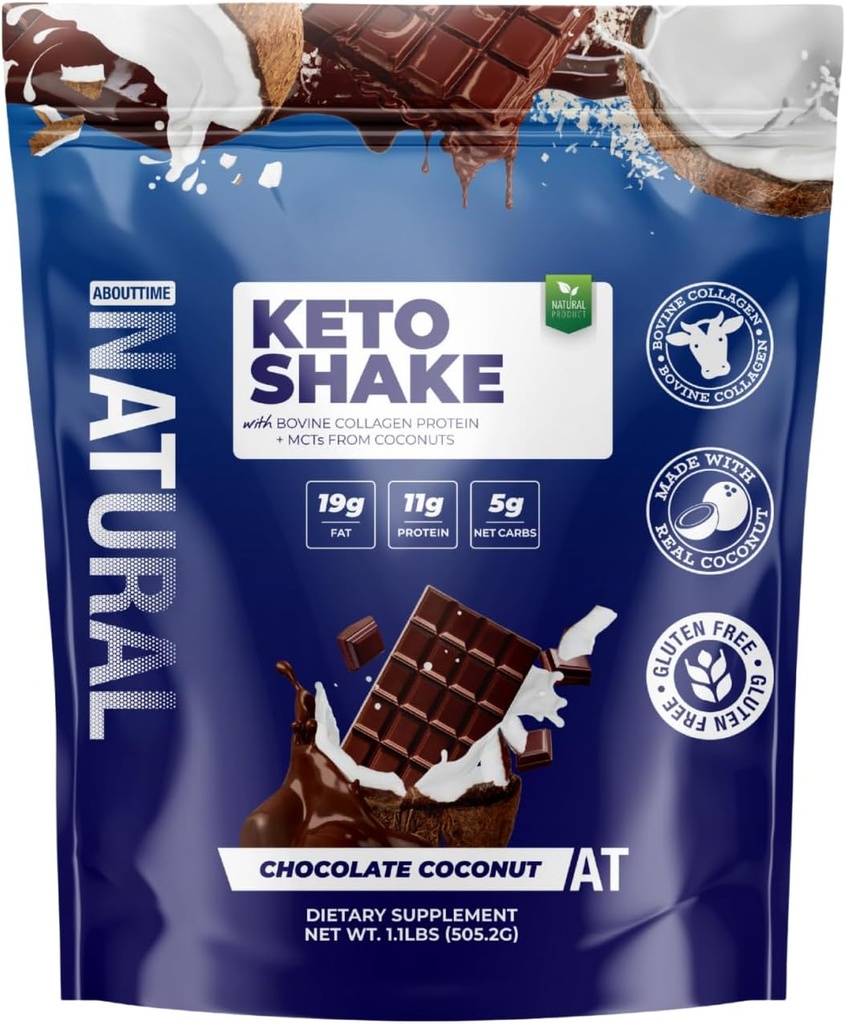Om tid Keto Shake Chocolate Coconut med bovin collagen protein + MCT fra kokosnødder MC124; 11g Protein, 19g fedt, 5g Net Carbs MC124; Gluten- Free, Non-GMO, 12 Servere