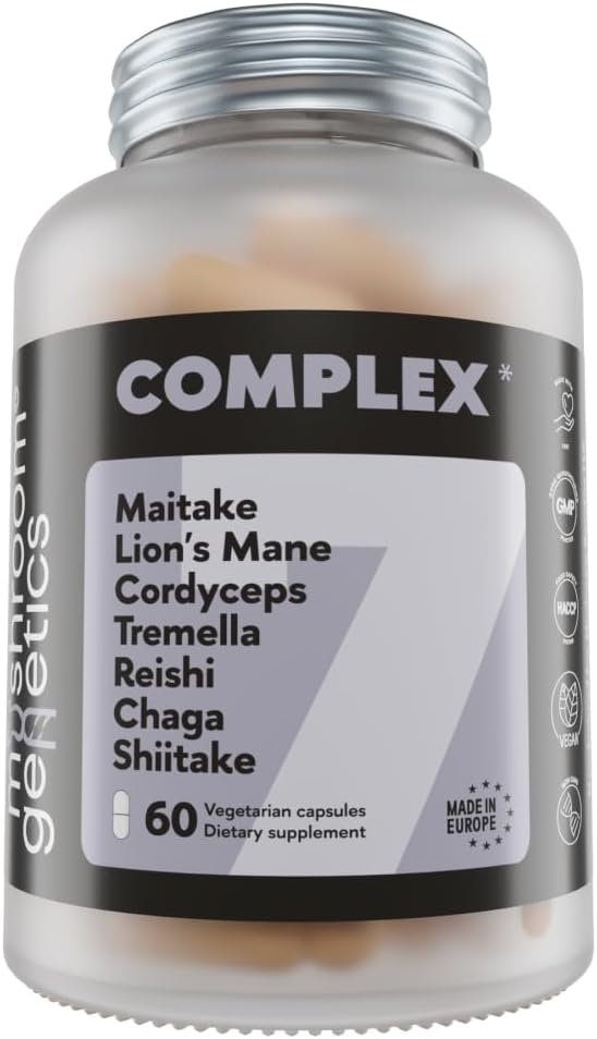 Complex 7 - Organic Reishi, Lions Mane, Cordyceps, Shiitake, Chaga, Maitake & Tremella for immunforsvar, Focus & Energy against 124; Adaptogen Nootrop Mushroom Supplement 124; 60 kapsler