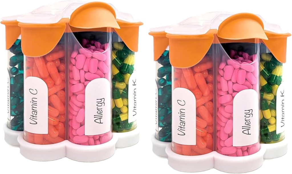 Ekstra Stor Pill Organizer Daglig, Ugentlig, Månedlig Supplement Flaske, Cute Blossom Pill Dispenser med 7 XL kompartmenter (2 Pack Combo) (Orange 2 Pack)