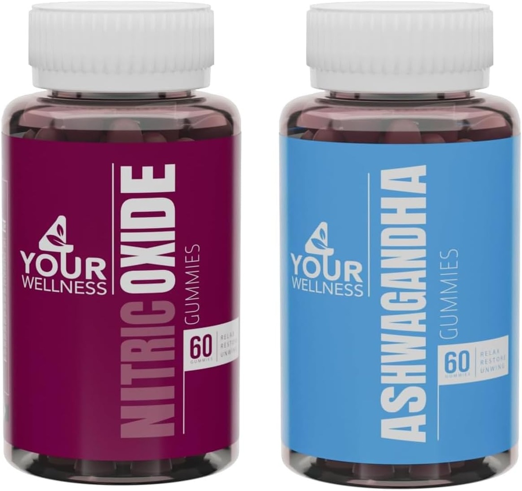 4YWN Nitric Oxide and Ashwagandha Gummies Supplement Bundle, Boosting Energy and Restoration, Non-GMO, Gluten-Free, Gelatin Free & Kosher | for Daily Focus Boost