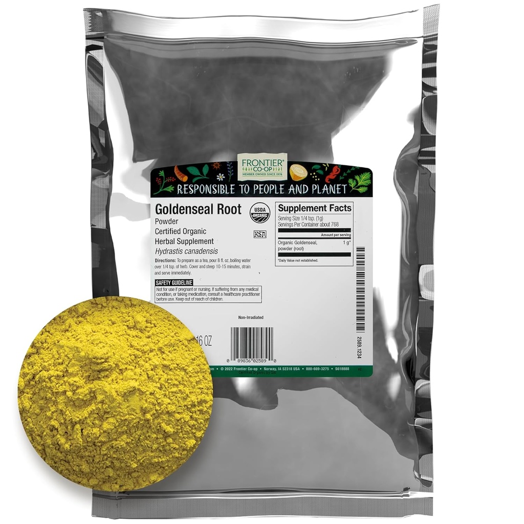Frontier Co- op Organic Goldenseal Root Powder, 1 / 4 LB - Earthy, Bitter Herbal Root med lyse gul farve til te og tinktur opskrifter - 4 oz