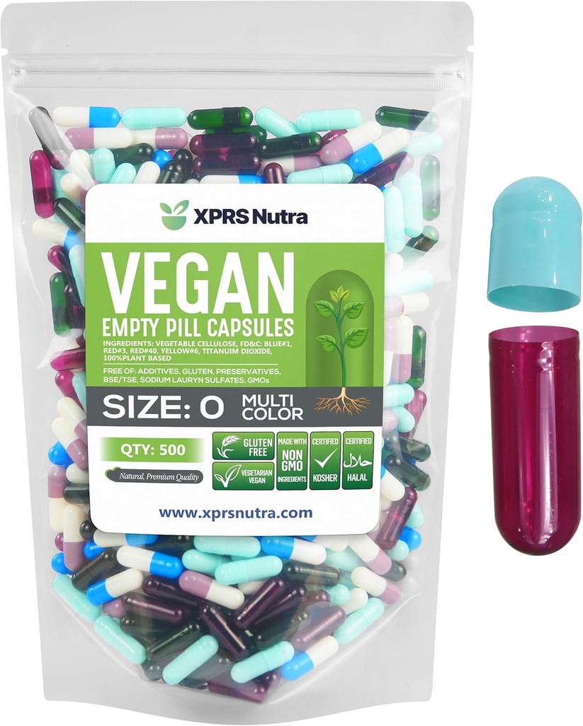 XPRS Nutra størrelse 0 Tomme kapsler - 500 Tomme Veganske kapsler - Vegetariske piller - DIY vegetabilsk kapsel Filling- Veggie Pill Caps til Do- It- Yourself Kosttilskud (Multi Color)
