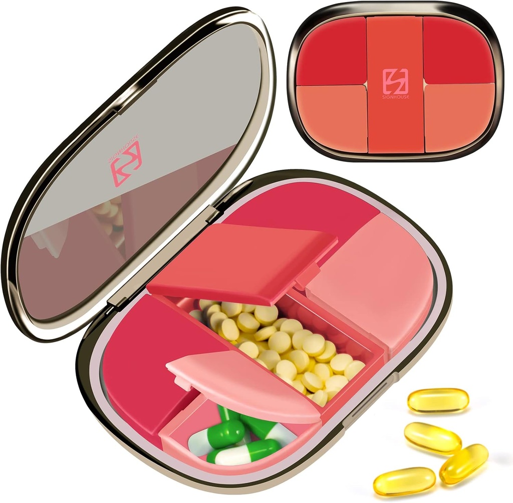 Daily Pill Case Organizer Pocket Apotek, Chrxbei Pill Container Case Travel skal hugge med 5 kompartmenter, Portable Pill Splitter Holder Box for Vitamin, Medicin, Supplement og Fish Oil - Rød