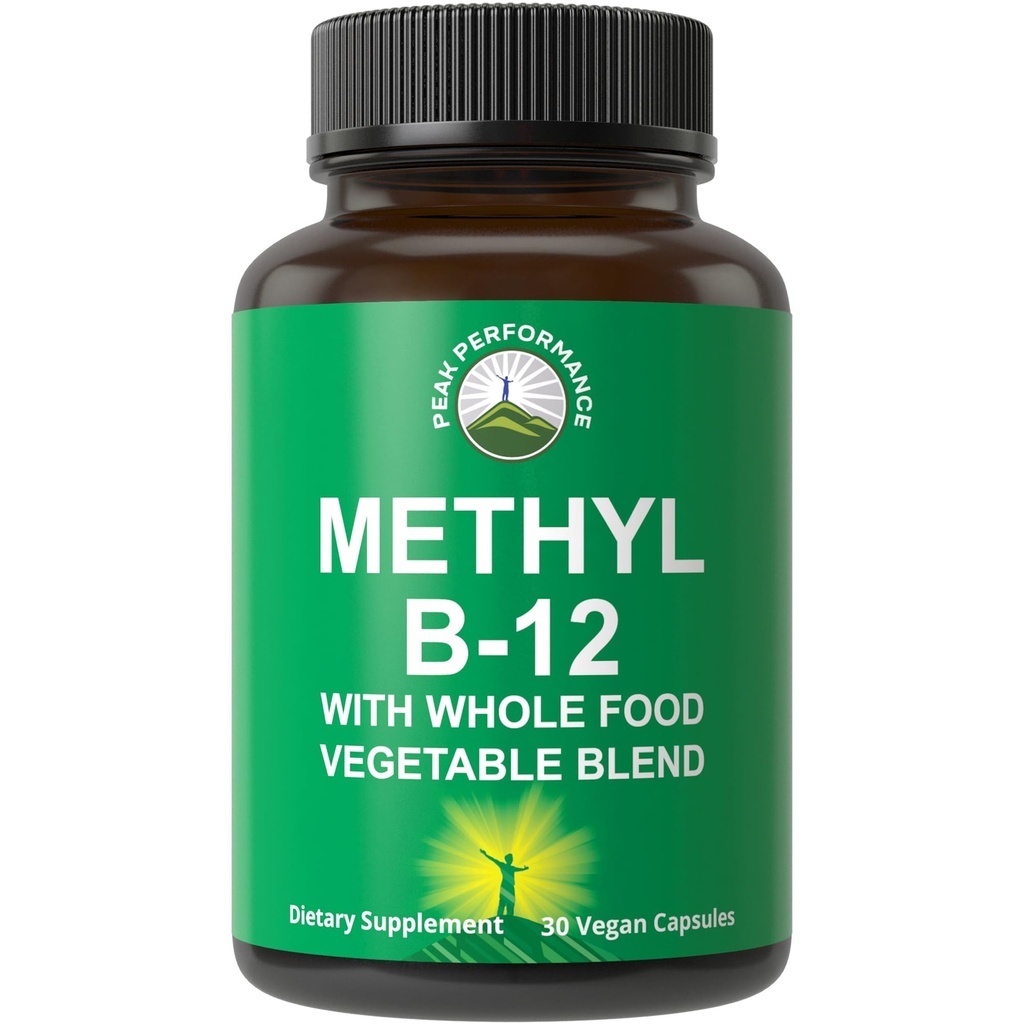 Methyl B12 Vitamin + hel fødevareblanding af 25 grøntsager og frugter til Max Absorption. Vegansk vitamin B12 Methylcobalamin - Methyl B- 12 supplement til energi, fokus og relief. 30 dages forsyningskapsler