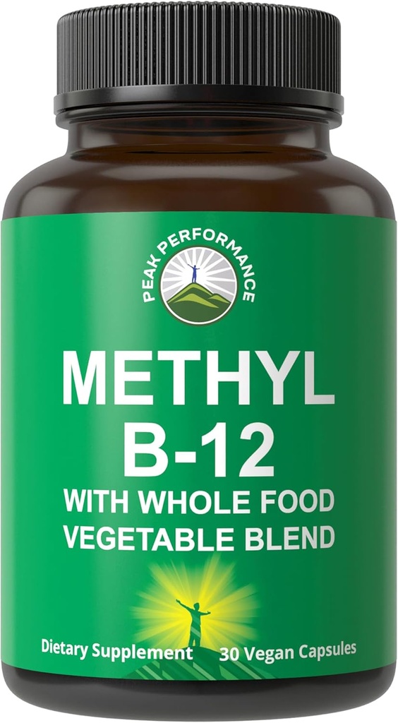 Methyl B12 Vitamin + hel fødevareblanding af 25 grøntsager og frugter til Max Absorption. Vegansk vitamin B12 Methylcobalamin - Methyl B- 12 supplement til energi, fokus og relief. 30 dages forsyningskapsler