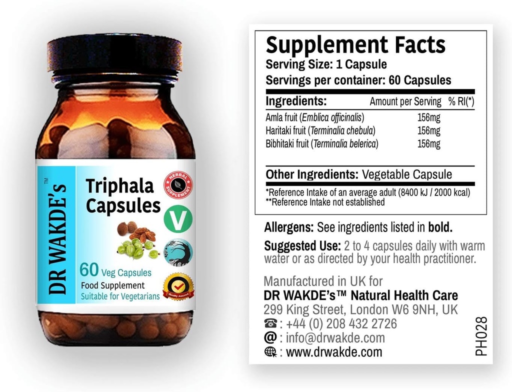 DR WAKDE'S Triphala Capsules (60 Veg Caps, Plant-Based Supplement, Ayurvedic Herb, All Natural, Vegan)