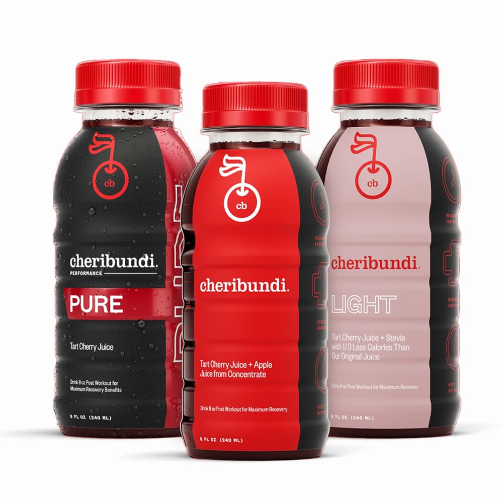 Cheribundi Tart Cherry Juice Starter Pack- 124; Variety Pack- 124; Pure, Original & Light Flavors - 124; Atleter Recovery Drink 124; Fremmer genoprettende søvn, Muscle Recovery & Boost Performance