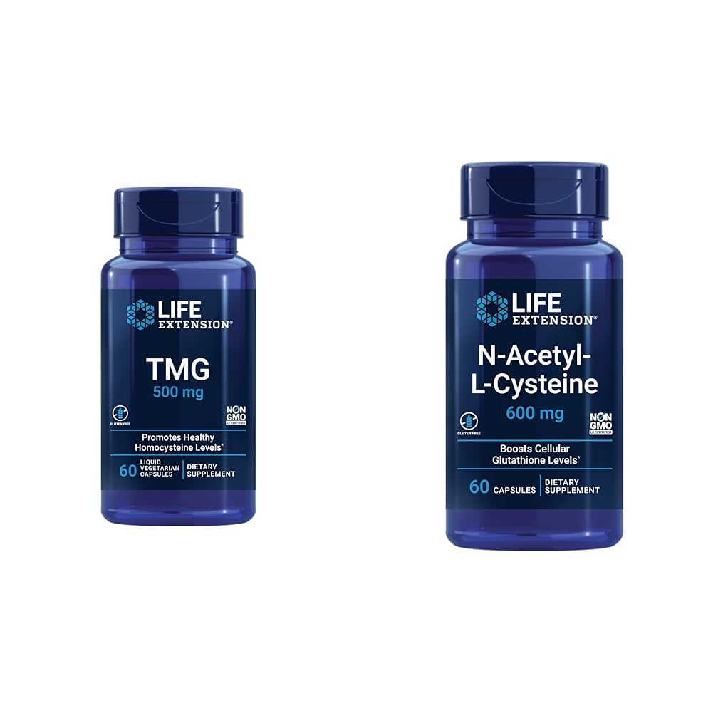 Forlængelse af levetid TMG 500 mg - Trimethylglycin supplement - fremmer sunde homocystein niveauer & N- Acetyl- L- cystein (NAC), immunforsvar, luftveje, leversundhed, NAC 600 mg