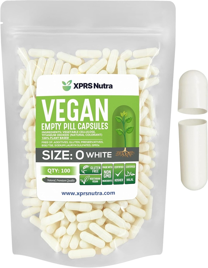 XPRS Nutra Størrelse 0 Tomme kapsler - 100 Tomme Veganske kapsler - Vegetariske piller - DIY vegetabilsk kapsel Fyldning - Veggie Pill Caps til Do- It- Yourself Kosttilskud (hvid)