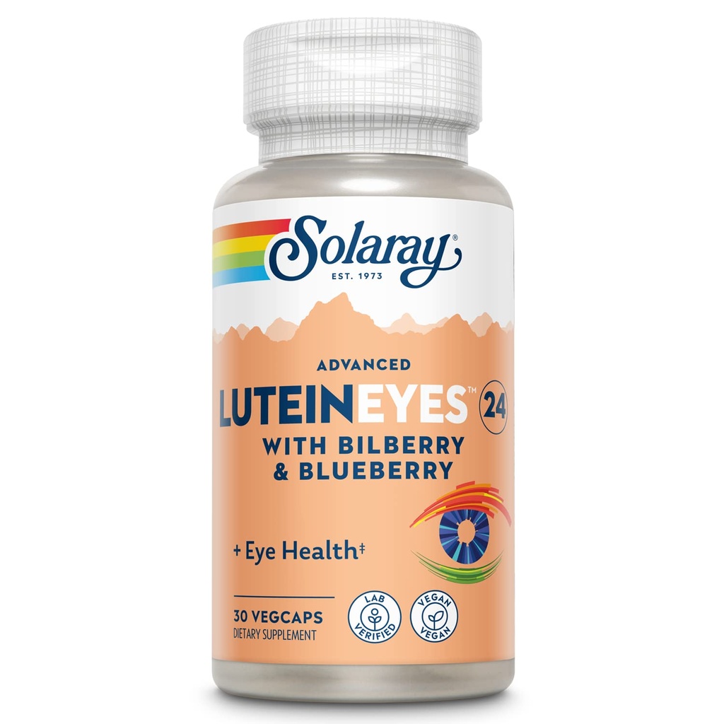 SOLARAY Advanced Lutein Eyes 24mg med Bilberry Extract og Blueberry Extract, Eye & Macular Health Support Supply Zeaxanthin fra Marigold, Vegan, 30 Servere, 30 VegCaps