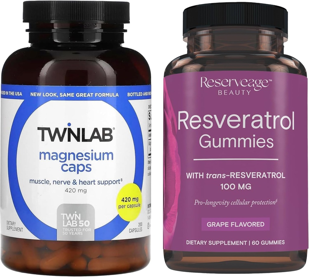 Twinlab Magnesium Caps - til Stress Relief, 420 mg, 200 Greve, 1 Pack & Reserveage Beauty- Resveratrol Gummies 100 mg, Vegan - 1 Pack