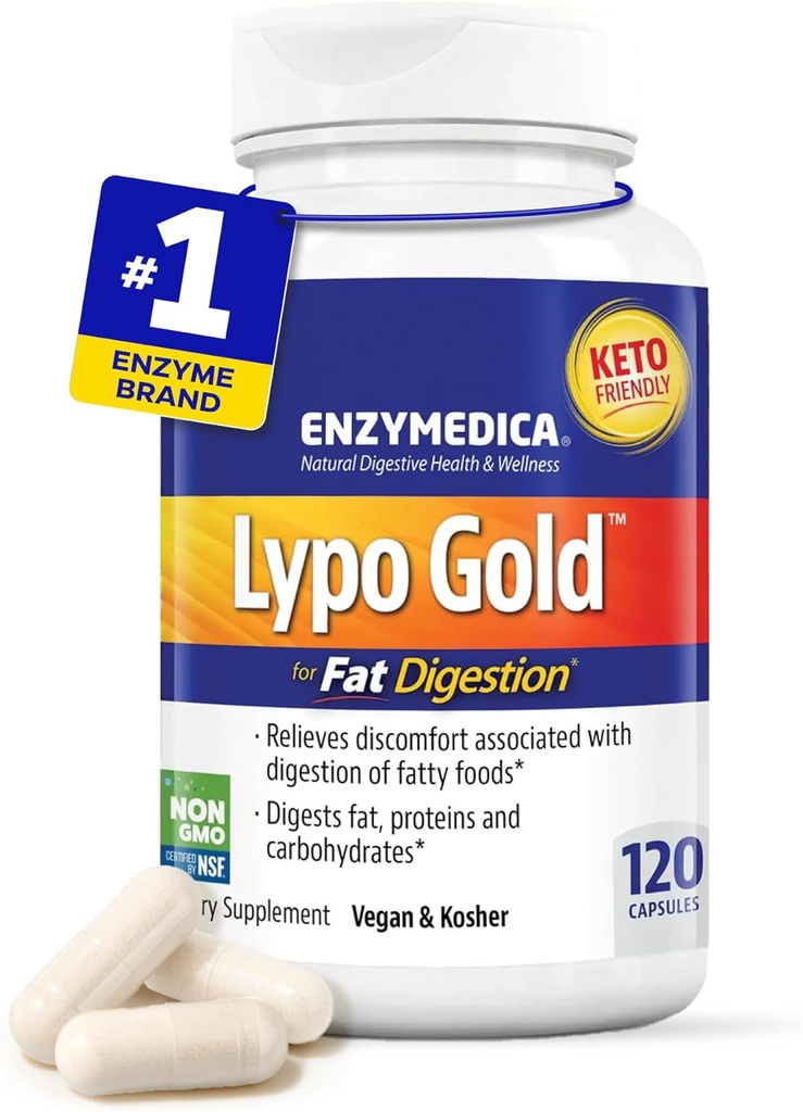 Enzymedica Lypo Gold, høj potens Lipase fordøjelsesenzymer for fedt fordøjelse, understøtter lejlighedsvis Bloating Relief & fordøjelsessundhed, Keto- Friendly, Vegan, 120 Kapsler FFP