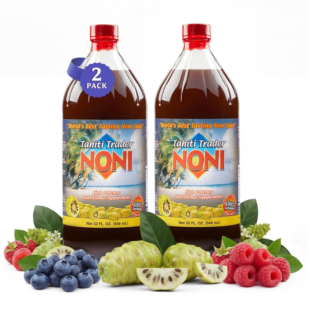 Tahiti Trader Original High Potency Noni Juice - Pure Noni Fruit Juice med blåbær & Hindbær - Organic Antioxidant Superfood Supporting Energy & Body Health - (32oz, 2 Pack)