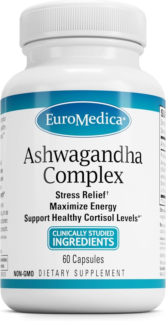 EuroMedica Ashwagandha Complex - Support Adrenal Health - Ashwagandha Support with Rhodiola Rosea Extract - Herbal Support Energy & Concentration - 60 Kapsler