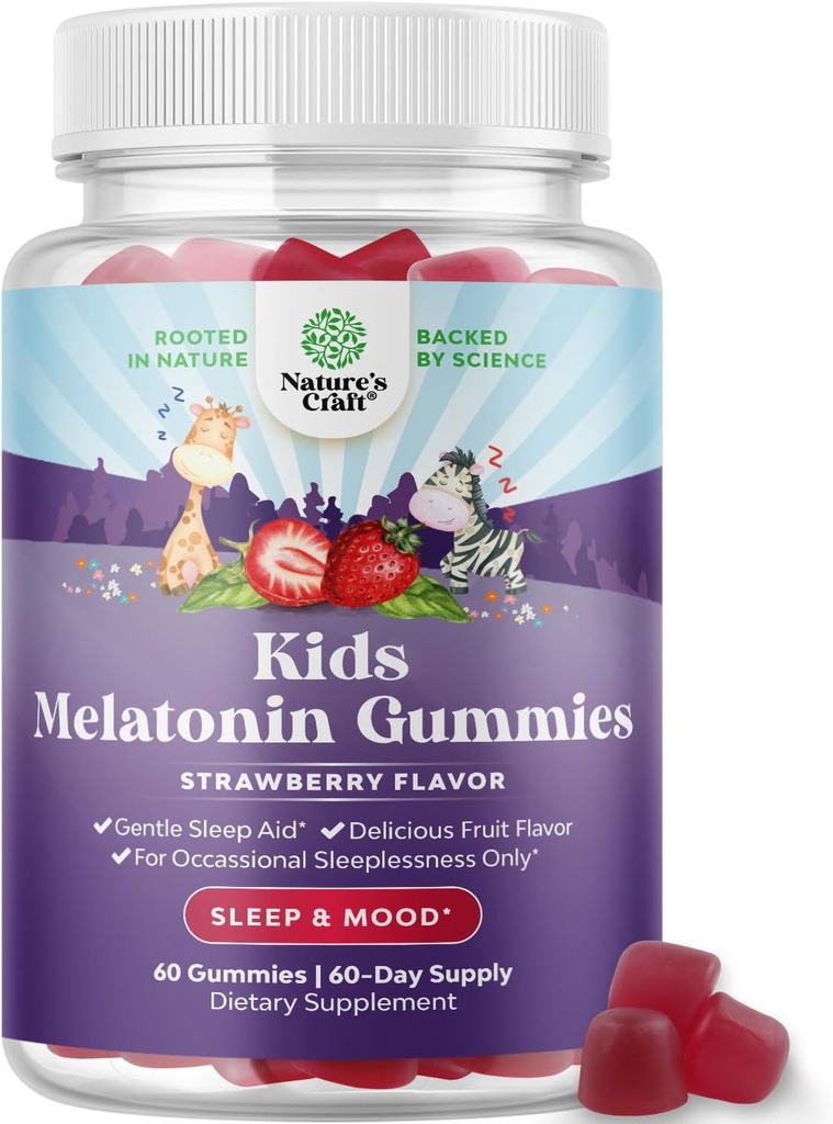 Natures Craft Melatonin Gummies for Kids Sleep Support - Hassle- Free Kids Melatonin Gummies for Mood Support - Lækker og Tummy Friendly Gummy 1 Mg Little Ones Non- GMO Gluten Free og Halal