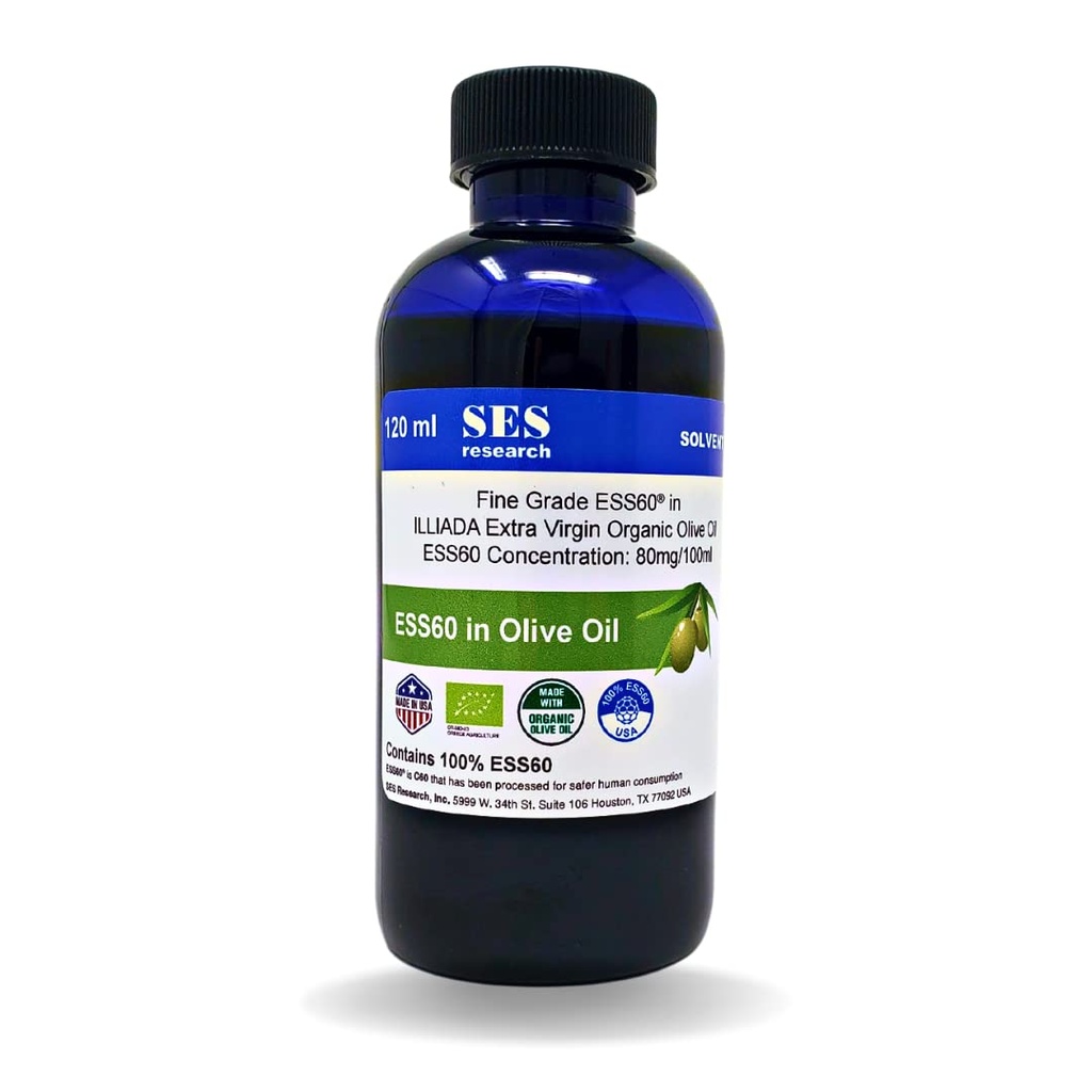 SES Forskning Fine Grade C60- 120 ML Organic Extra Virgin Olivenolie - 99,99% Højeste Renhed Carbon 60- Anti- Aging- Boost Energy - Nootropics Antioxidant Supplement- Bedre Sleep- Focus - Longevity- Immunitet